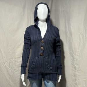 Eddie Bauer Women's Cable Knit Navy Blue Pullover Hooded Sweater Buttons Medium